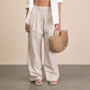 Lulus Breezy Getaway Beige And White Striped Linen Wide-leg Pants - Size S